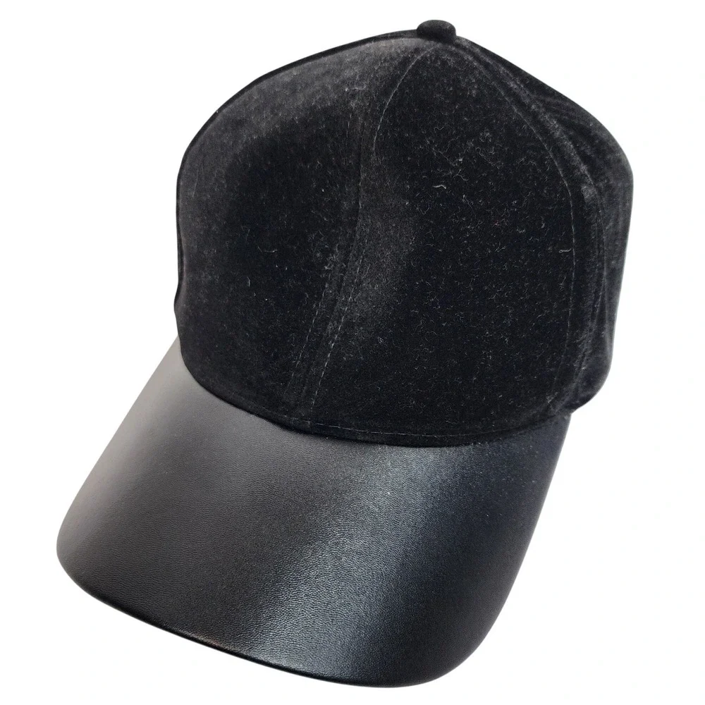 D&Y Black Velvet and Faux Leather Baseball Cap Adjustable Hat‎ FWCAP815